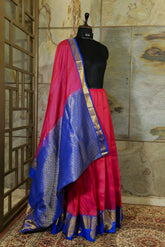 Pink Kanjivaram Pure Silk saree with contrast Blue Border and Pallu